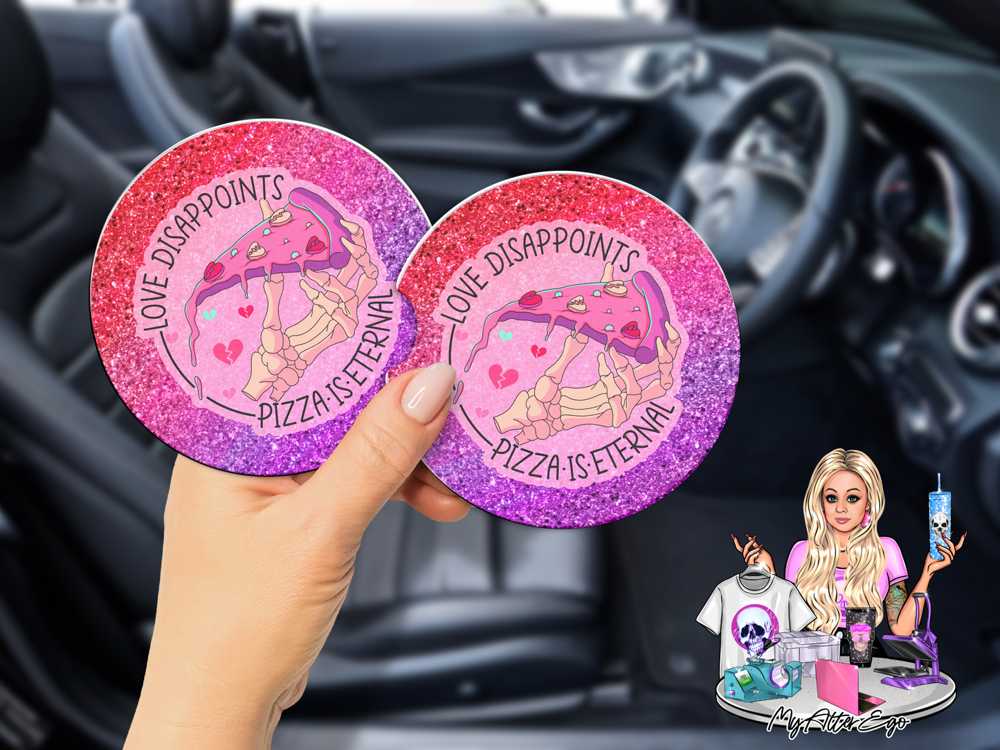 Love Disappoints Pizza Is Eternal (Car Coasters)